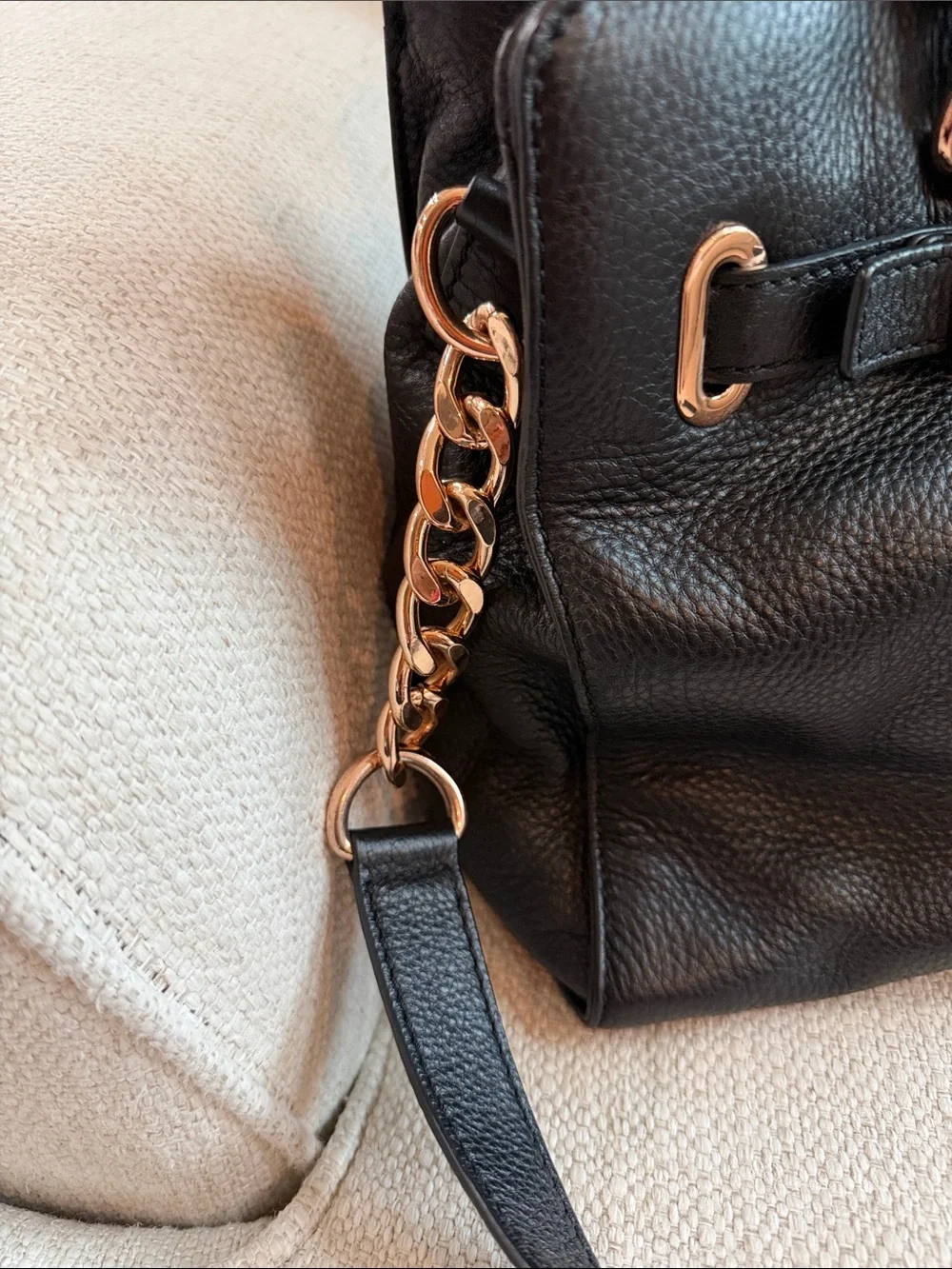 Michael Kors Black Pebbled Leather Satchel with Rose Gold Tone Plaque